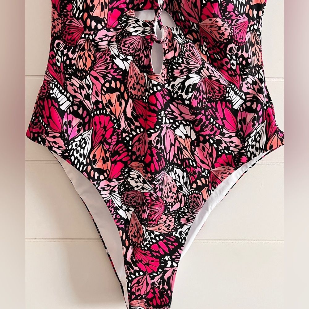 L*Space “Topanga” One Piece Classic High Cheeky Swimsuit Pink Black Tropical - Picture 6 of 13